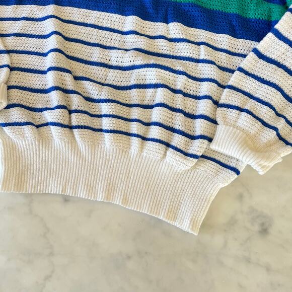 Vintage 80s White, Blue and Teal Striped Boatneck 3/4 Sleeve Sheer Sweater / M L - Picture 3 of 6